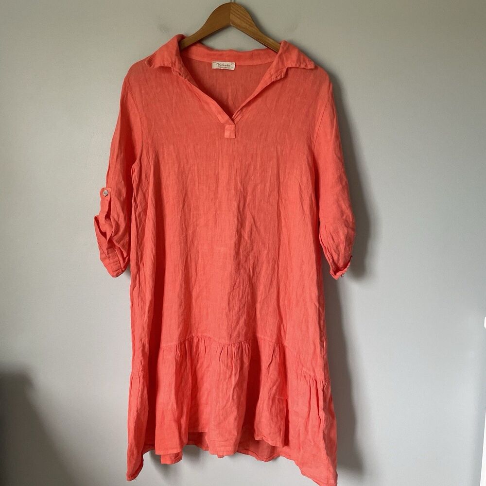 Bellambia 100% Linen Boho Shirt Dress Flowy Beachy Coral Women's Size Small